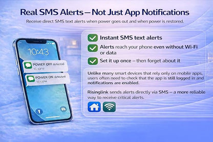 WiFi Power Outage Alarm Detector, Power Failure & Restoration Alerts with SMS Text, Email & Audible Alarm