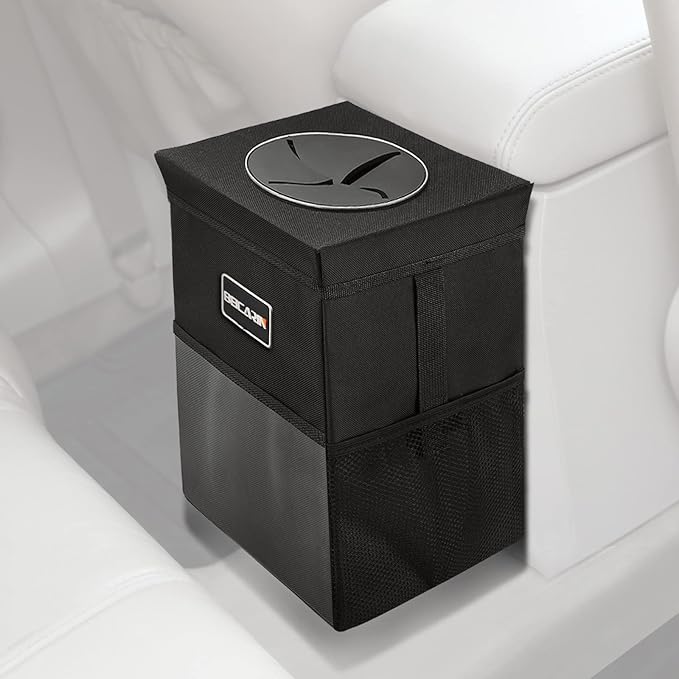 Beicarin Car Trash Can with Lid - Car Trash Bag Hanging with Storage Pockets Collapsible and Portable Car Garbage Bin, Leak-Proof Car Organizer, 1.82 Gallons Multipurpose Trash Bin for Car