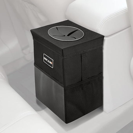 Beicarin Car Trash Can with Lid - Car Trash Bag Hanging with Storage Pockets Collapsible and Portable Car Garbage Bin, Leak-Proof Car Organizer, 1.82 Gallons Multipurpose Trash Bin for Car