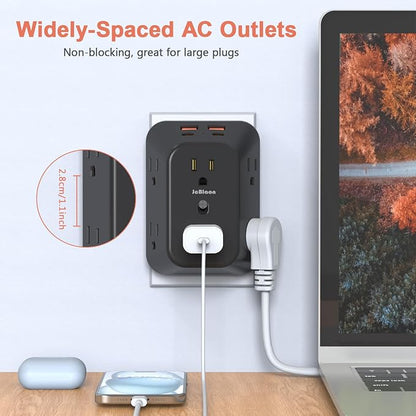 USB Wall Charger Electrical Outlet Extender, Surge Protector, 6 Outlet Splitter with 4 USB Outlet (2USB A, 2USB C) 4-Sided 1050J Power Strip Multi Plug Adapter for Home Office Travel