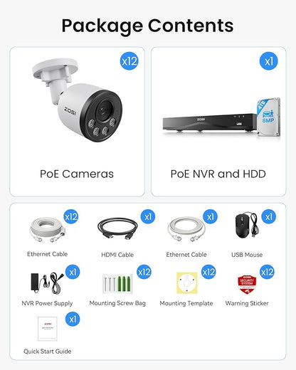 ZOSI 16CH 4K PoE Security Camera System,Person Vehicle Detection,People Counting,One-Way Audio,100ft Night Vision,12pcs 8MP Outdoor Indoor Cameras,16Port 32-Channel NVR with 4TB HDD for 24/7 Recording