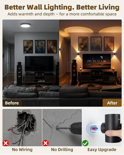 EZVALO Motion Sensor Wall Light, 4000mAh Rechargeable Battery Operated Wall Sconce, RGB & 3 Color Temps with Remote, Wireless Ambient Light for Living Room, Hallway, Apartment (2 Pack, Black)