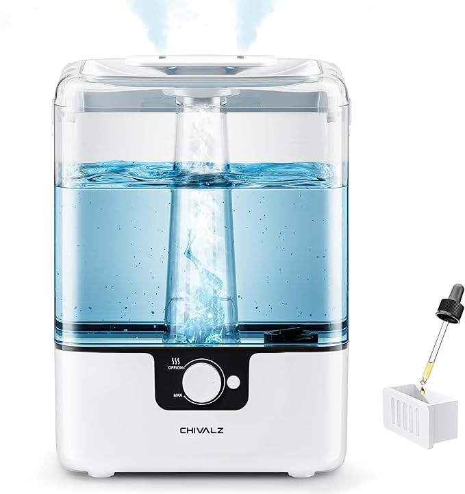 CHIVALZ Humidifiers for Bedroom Large Room, 6L Cool Mist Top Fill Humidifier with Essential Oil Diffuser, 26dB Quiet Ultrasonic Humidifier for Baby Nursery Plants, 50H Runtime Night Light 1 Pack White