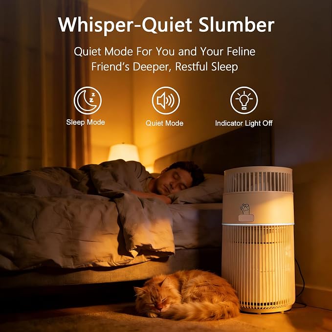 WISESKY Cat Air Purifier for Large Rooms, 5-Stage HEPA Air Cleaner for Cat Hair, Dander & Odors, 360° Air Intake, Quiet Operation, Bite-Resistant Cord & Tip-Over Protection, Smart App Control