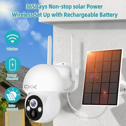 CKK 3K Solar Security Camera Wireless Outdoor, 360 Degree PTZ, PIR Motion Detection, Color Night Vision, 2-Way Talk, IP66 Waterproof, Audible & Floodlight Alarm for Home, Garage and Yard