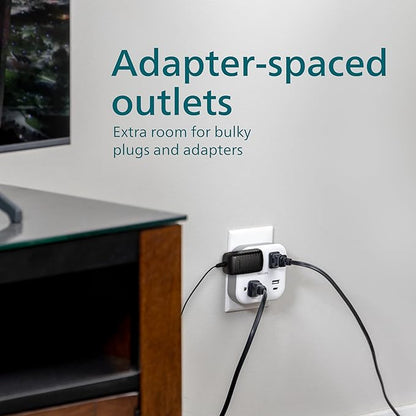 Philips EZFit 3-Outlet Surge Outlet Extender with USB, 1 USB-A, 1 USB-C