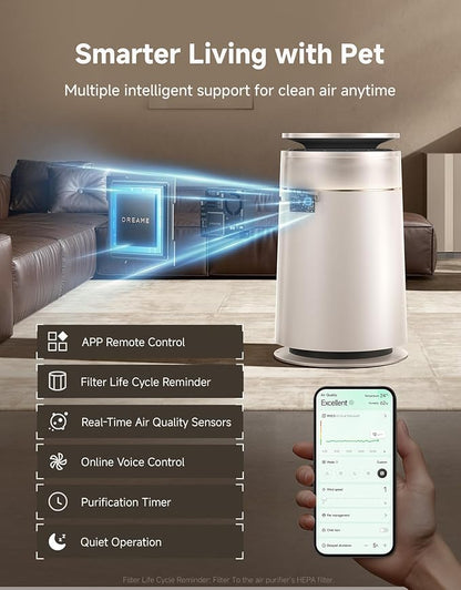 ‌Dreame HEPA Air Purifier with Self-Cleaning Pet Hair, Suck Up Floating Cat Dog Hair Dander for Home Large Room, 4 Filters Smart Air Cleaner for Pet Odor Purification, APP & Voice Control, FP10-Beige