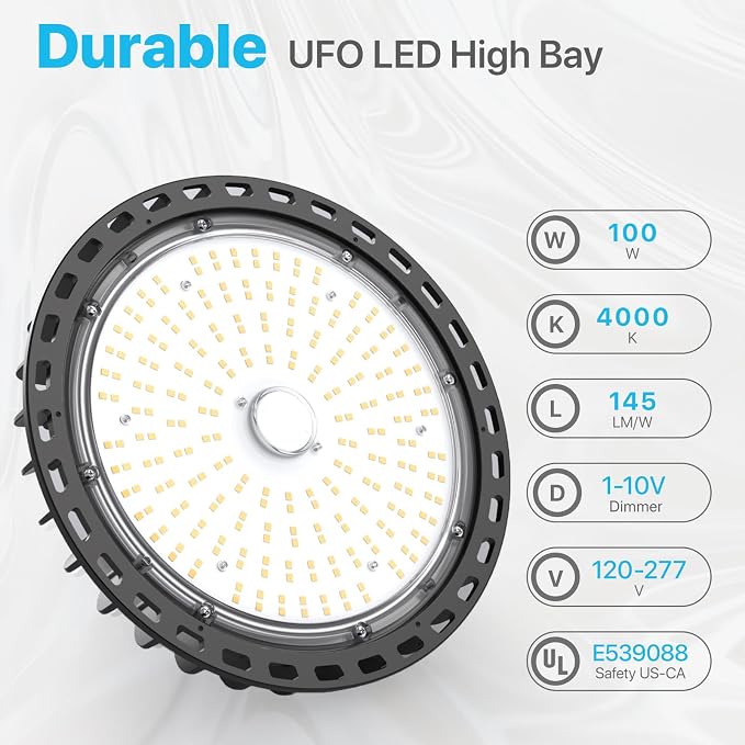 HYPERLITE UFO LED High Bay Light: 100W 14,500LM (145LM/W) 1-10V Dimmable, UL Listed 4000K High Bay LED Light for Factory Work Shop Garage, Alternative to 450W MH/HPS, 5-Year WNTY