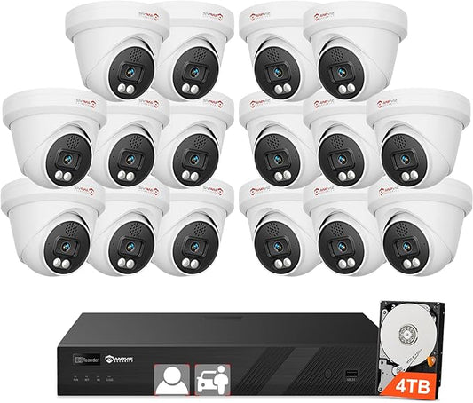 Anpviz 16CH 4K PoE Security Camera System with Two Way Audio, 16PCS 8MP Wired IP Turret Cameras Outdoor, Human Vehicle Detection,12MP PoE NVR with 4TB HDD for 24/7 Recording, for Business Home, NDAA