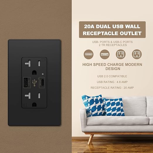 Micmi USB Outlet with C + A Wall Dual High Speed Receptacle Smart 4.8A Fast Charging Capability, 20Amp 125Volt, Tamper Resistant Wall Plate Included UL Listed (2Pack, Black, 20 Amp Outlet)