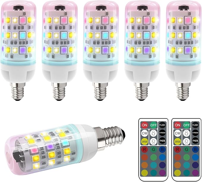 XRise E12 Color Changing Bulb with Remote Control, Dimmable 12 Colors+3000K+6000K, 2W LED E12 Candelabra Bulb 20W Incandescent Replacement, Memory Function, No Flicker, for Mooding Lighting, 6PACK