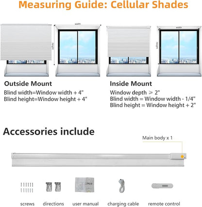 Motorized Cellular Shades Cordless Light Filtering Rechargeable Window Curtains with Remote for Privacy Protection Smart Home Electric Automatic Honeycomb Blinds for Windows, 27" x 48", White