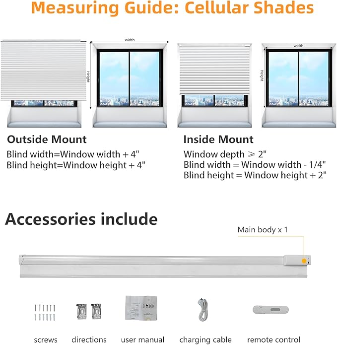 Motorized Cellular Shades Cordless Blackout Rechargeable Window Shades with Remote for Privacy Protection Smart Home Electric Curtains Automatic Honeycomb Blinds for Windows, 32" x 48", White
