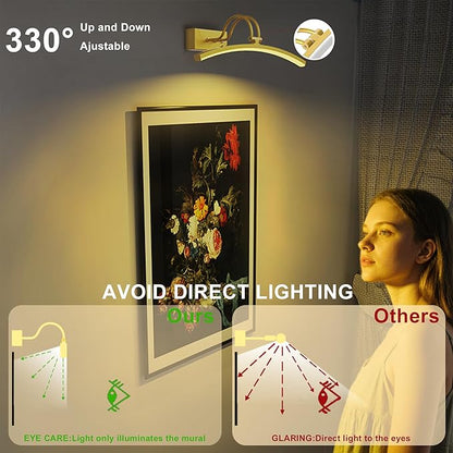 PAIHOME Picture Light for Wall Battery Operated, Rechargeable Magnetic Picture light with Smart Motion Sensor, Remote Dimmable & Timer, ‌16in Gold Wireless Art Lighting for Paintings Gallery Portraits
