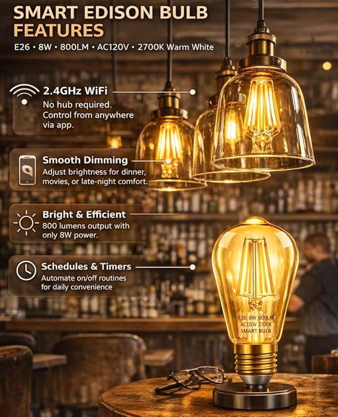 Smart Light Bulb Smart Bulbs LED WiFi Dimmable Vintage Smart Bulb ST19 Vintage Filament Smart Bulb E26 Base Soft Warm Amber No Hub Required