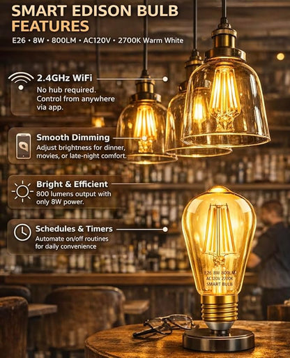 Smart Light Bulb Smart Bulbs LED WiFi Dimmable Vintage Smart Bulb ST19 Vintage Filament Smart Bulb E26 Base Soft Warm Amber No Hub Required