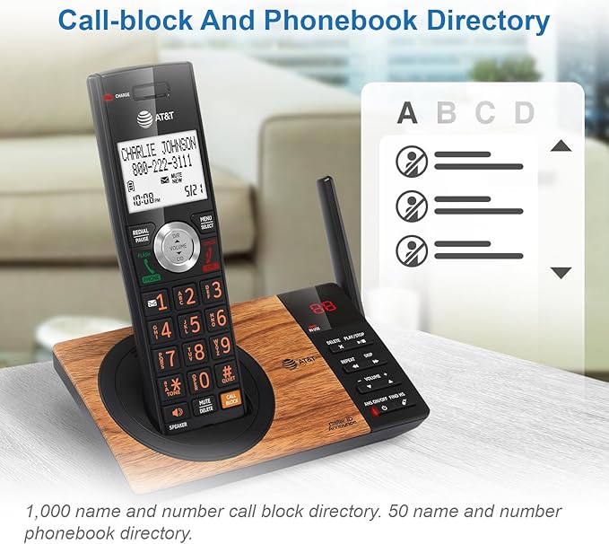 AT&T CL82167 Cordless Phone with Answering Machine, Call Blocking, Caller ID Announcer, Intercom and Long Range, Black & Wood Grain Finish
