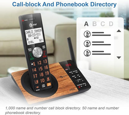 AT&T CL82167 Cordless Phone with Answering Machine, Call Blocking, Caller ID Announcer, Intercom and Long Range, Black & Wood Grain Finish