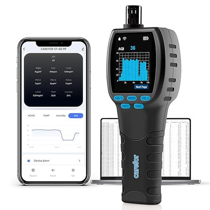 Air Quality Monitor CF-60PP WiFi PM2.5 PM10 TVOC Pollen AQI Tester for Indoor/Outdoor Air Pollution Detection TFT Color Display Rechargeable Custom Alarm CSV Report Download