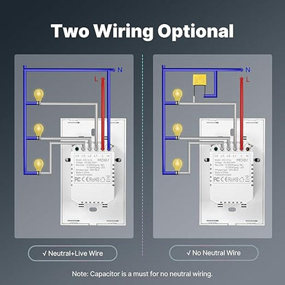MOES 2nd Generation Smart Touch Wall Switch, 2.4GHz Wi-Fi Single Fire Single Pole Switch, No Neutral Wire Required, Remote MOES APP Control, Compatible with Alexa and Google Home 110V White 3 Gang
