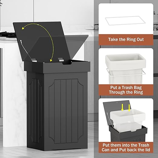 Function Home Trash Can Cabinet, 13 Gallon Kitchen Garbage Can, Wood Recycling Trash Bin, Freestanding Dog Proof Trash Can, Farmhouse Trash Cabinet with Lid for Home Kitchen Bathroom, Black