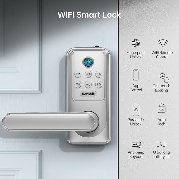 Hornbill WiFi Smart Lock with Handle, Keyless Entry Biometric Fingerprint Lock with Auto-Lock, Keypad Passcode Deadbolt Lever for Home Front Door Bedroom