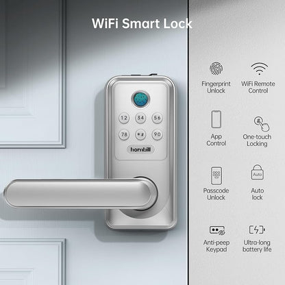 Hornbill WiFi Smart Lock with Handle, Keyless Entry Biometric Fingerprint Lock with Auto-Lock, Keypad Passcode Deadbolt Lever for Home Front Door Bedroom