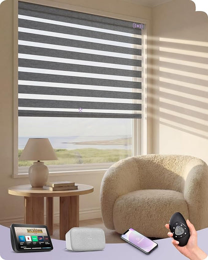 Graywind Motorized Zebra Blinds for Windows, Blackout Smart Blinds with Remote Control, Dual Layer Custom Zebra Shades Work with Alexa, Google Home, Apple Homekit, Classic Grey