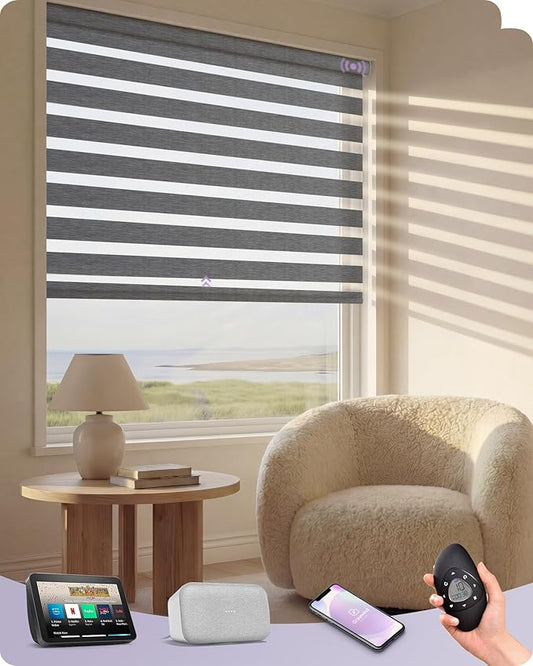 Graywind Motorized Zebra Blinds for Windows, Blackout Smart Blinds with Remote Control, Dual Layer Custom Zebra Shades Work with Alexa, Google Home, Apple Homekit, Classic Grey