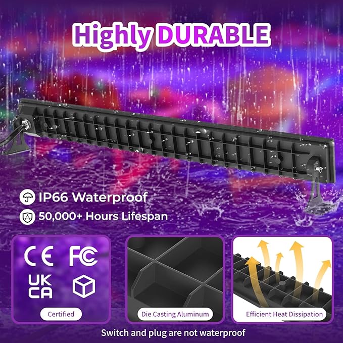 50W LED Black Light, 385nm UV Light Bar with Plug & Switch, IP66 Waterproof Blacklights for Glow Parties, Neon Decor, Halloween, Stage Lighting (4 Packs)