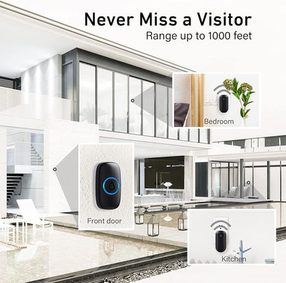 Wireless Doorbell, SECRUI Door bell Over 1000ft Coverage with 2 Plug-In Receivers, 1 Waterproof Push button, 52 Chimes, 110dB loud Sound Colorful LED Flash (Pack of 2)