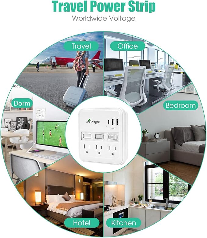 Alitayee Wall Outlet Extender Surge Protector, USB Power Strips with Individual Switches and 15.5W Type-C Fast Charging Ports for Cell Phone,Home,Office,Dorm ETL Listed White