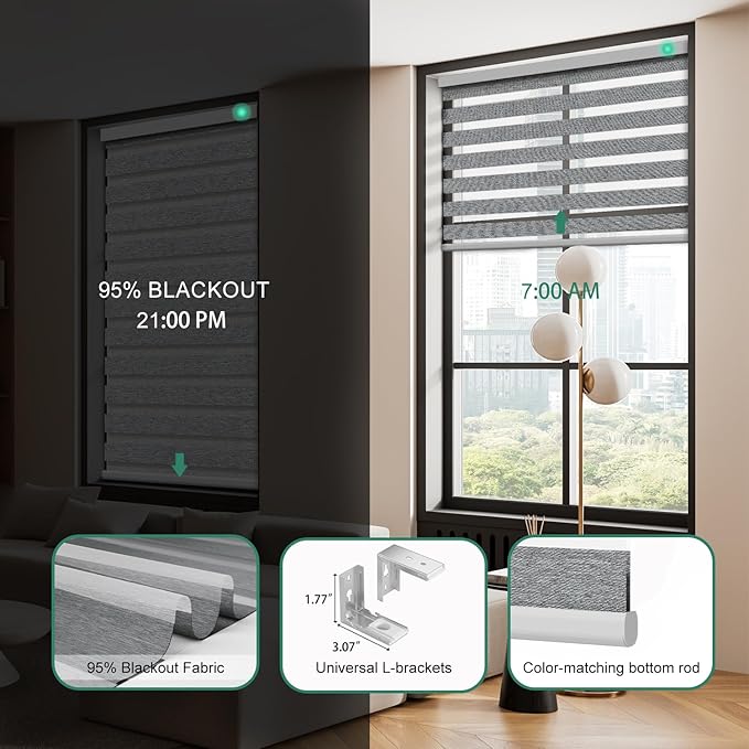 Motorized Zebra Blinds with Remote, Work with HomeKit Alexa Automatic Electric Window Shades 95% Blackout Light Filtering for Smart Home and Office, Customized Size Luxury Silver