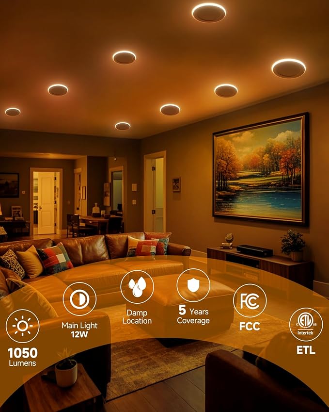Ensenior 12 Pack 6 Inch LED Recessed Ceiling Light with Night Light, Dimmable, 2700K-5000K 5CCT, 1050LM 12W 120V, High Brightness Canless Wafer Downlight - FCC