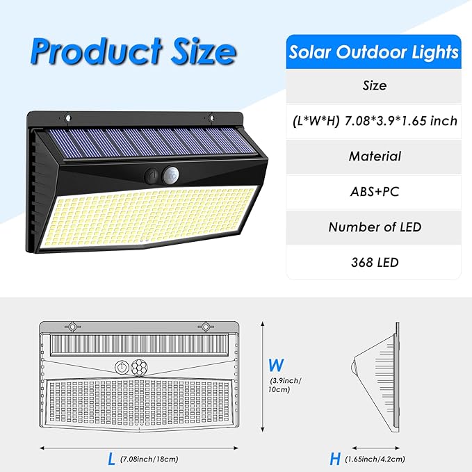 2 Pack 368 LED Solar Motion Sensor Lights Outdoor, Solar Fence Lights with 3 Lighting Modes, Solar Powered Security Lights Waterproof for Outside Yard Wall Garden Backyard Step, Warm White