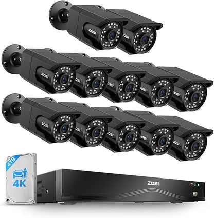 ZOSI 4K 16CH PoE NVR Security Camera System, 12 x 8MP PoE IP Camera Outdoor Indoor with AI Human Vehicle Detection, Night Vision, IP66 Weatherproof, 4K 16CH NVR with 4TB HDD for 24/7 Recording