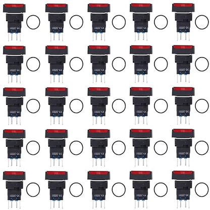 25Pcs Micro Squares Push Button Switch 16mm 12V Self Locking with Light ABS Brass for Automation Equipment DIY Electrical Installation (Red)