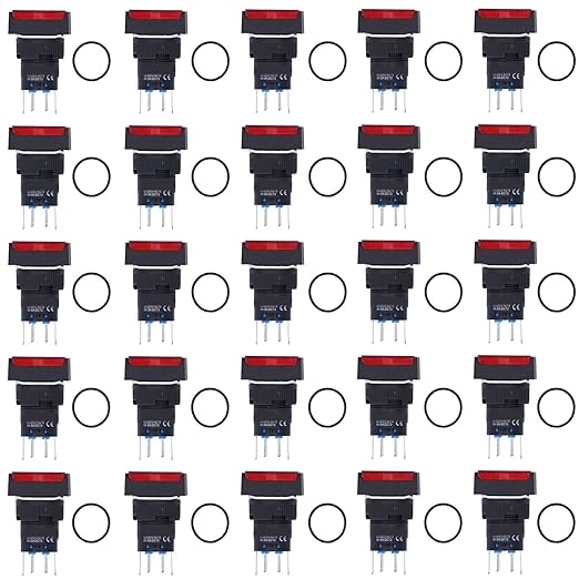 25Pcs Micro Squares Push Button Switch 16mm 12V Self Locking with Light ABS Brass for Automation Equipment DIY Electrical Installation (Red)