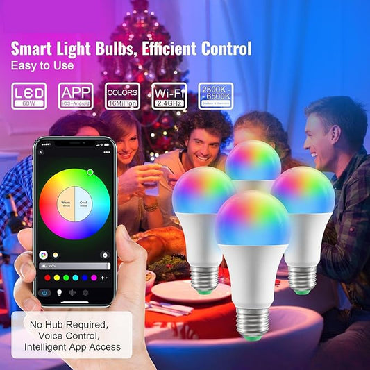 Happybuy Smart Light Bulbs, 4-Pack, 9W, 800 Lumens, Multicolor, Smart Control for Vera, Google, Alexa, iOS, Android, RGB