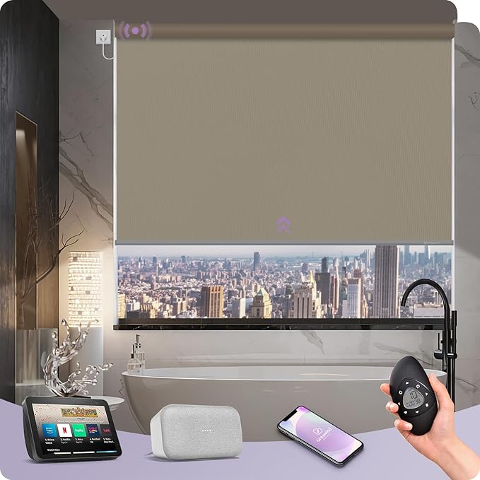 Graywind Motorized Roller Shade 100% Blackout Work with Alexa Google Waterproof Vinyl Fabric Remote Control Hardwired Window Shades Window Blinds, Customized Size (Coffee)