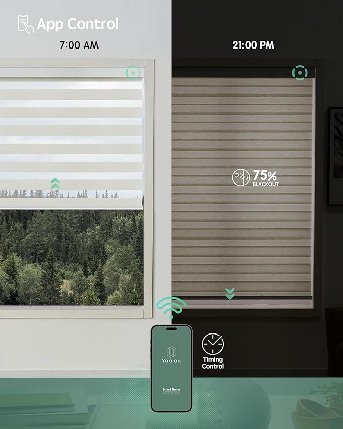 Yoolax Motorized Blinds with Remote, Motorized Zebra Shades Compatible with Alexa, Privacy Motorized Blinds, Zebra Shades for Windows Custom Size(V-Linen White)