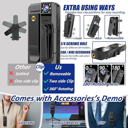 Body Camera with Audio and Video Recording, HD 1080P Body Cam with 180° Rotating Lens, IR Cut Auto Night Vision, 6HR Battery, 128GB Body Worn Camcorder Personal Police (128G HD 1080P)
