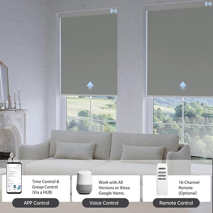 Motorized Blinds with Remote, Blackout Smart Blinds for Windows Automatic Shades Compatible with Alexa, Motorized Shades Customized for Bedroom Home Office (Blackout-Smoky Sea Garss)