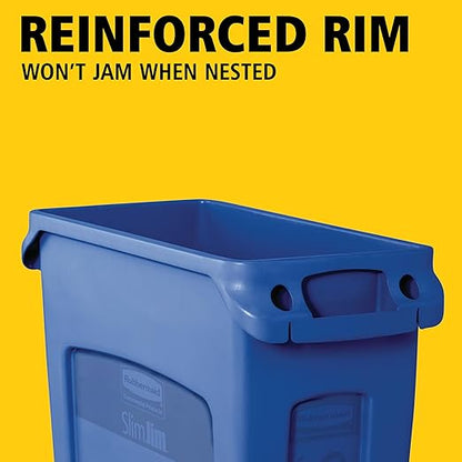 Rubbermaid Commercial Products Slim Jim Plastic Rectangular Recycling Bin/Trash Can with Venting Channels 23 Gal Blue for Kitchens/Classrooms/Offices/Back of House