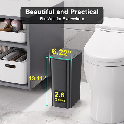 N. NETDOT 3 Pack 10 L/2.6 Gal Bathroom Trash Can with Lid, Small Kitchen Trash Bin with Press Type Lid, Black Trash Can/Slim Garbage Cans/Trash Bin/Waste Basket for Bathroom,Kitchen,Office,Bedroom