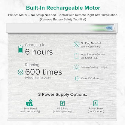 Motorized Roller Shades, Light Filtering Remote Control Custom Window Shades Compatible with Alexa Google Assistant via RF Hub, Rechargeable Electric Blinds for Windows (Texture White)