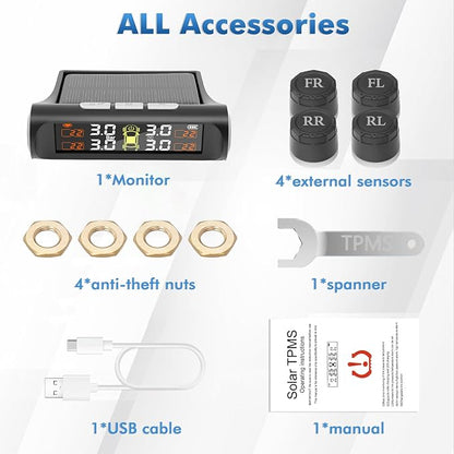 Tire Pressure Monitoring System with Solar Charge,TPMS Tire Pressure Monitor System with 4 External sensors & 5 Alarm Modes, Real Time Monitoring Pressure & Temperature,Suitable for 4 Wheeled Vehicles