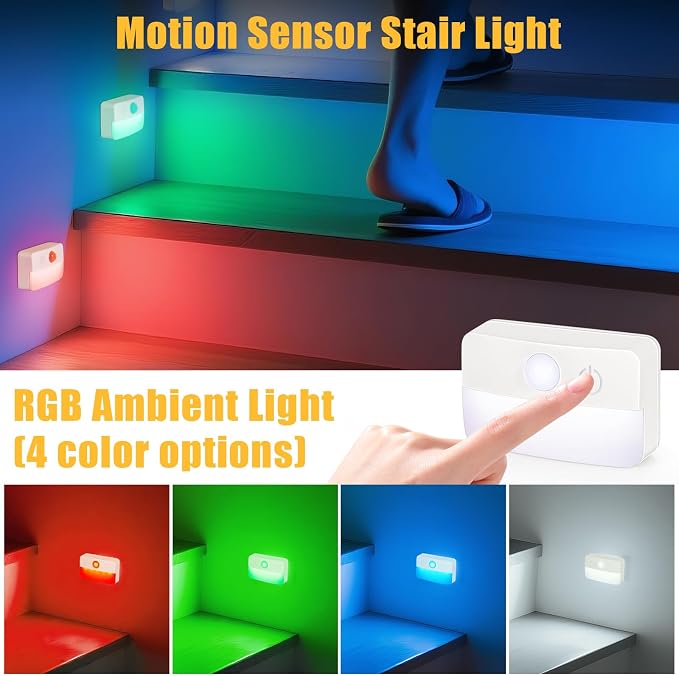 Guankai 8 Pack Motion Sensor Stair Lights for Indoor, Wireless RGB Battery Operated Night Light, Activated Led Stick On Hallway Closet Under Cabinet Step Lamp for Bedroom Kitchen Bathroom