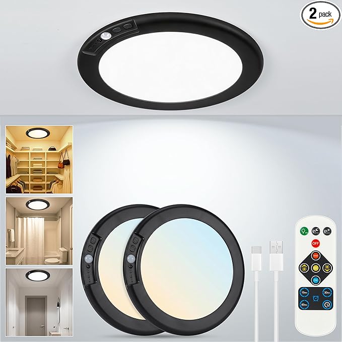 Black Wireless Rechargeable Ceiling Light - Motion Sensor Night Light Indoor with Remote, Battery Operated Led Lights for Bedroom Hallway, Living Room, Bathroom, Home & Kitchen Decor Lighting (2)