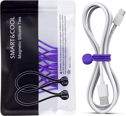 SMART&COOL Reusable Silicone Magnetic Cable Ties, Purple, 10-Pack | For Bundling and Organizing, Holding Stuff, Book Markers, Fridge Magnets